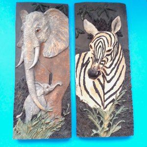 Elephant & Zebra Wall Art Plaques Hanging Resin 3D Ruane Manning Trendy Deco